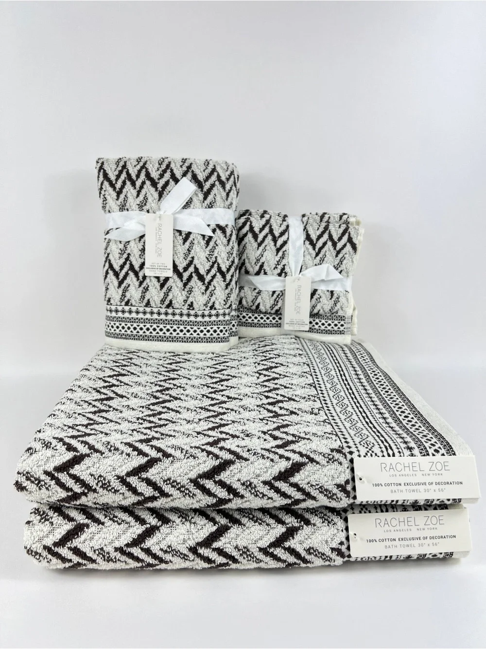 Rachel Zoe Bath Towel Set Brown Cream Zigzag Chevron Soft 100% Cotton 8 Pc NEW
